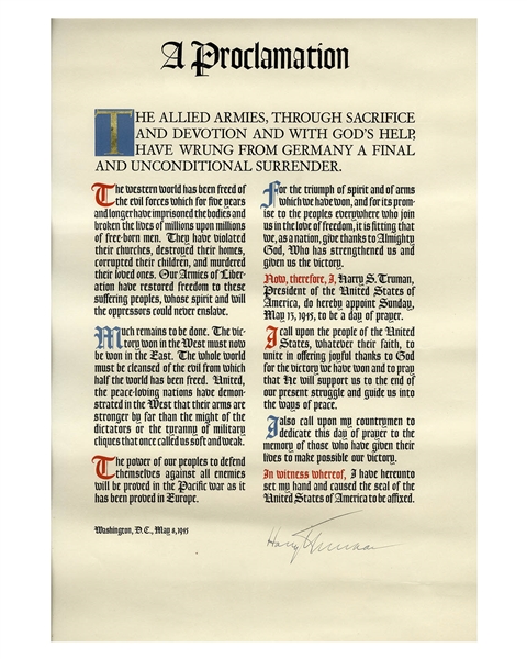 Rare Harry Truman WWII Victory Proclamation Signed as President -- Gifted to White House Staff in 1945 -- Near Fine Condition